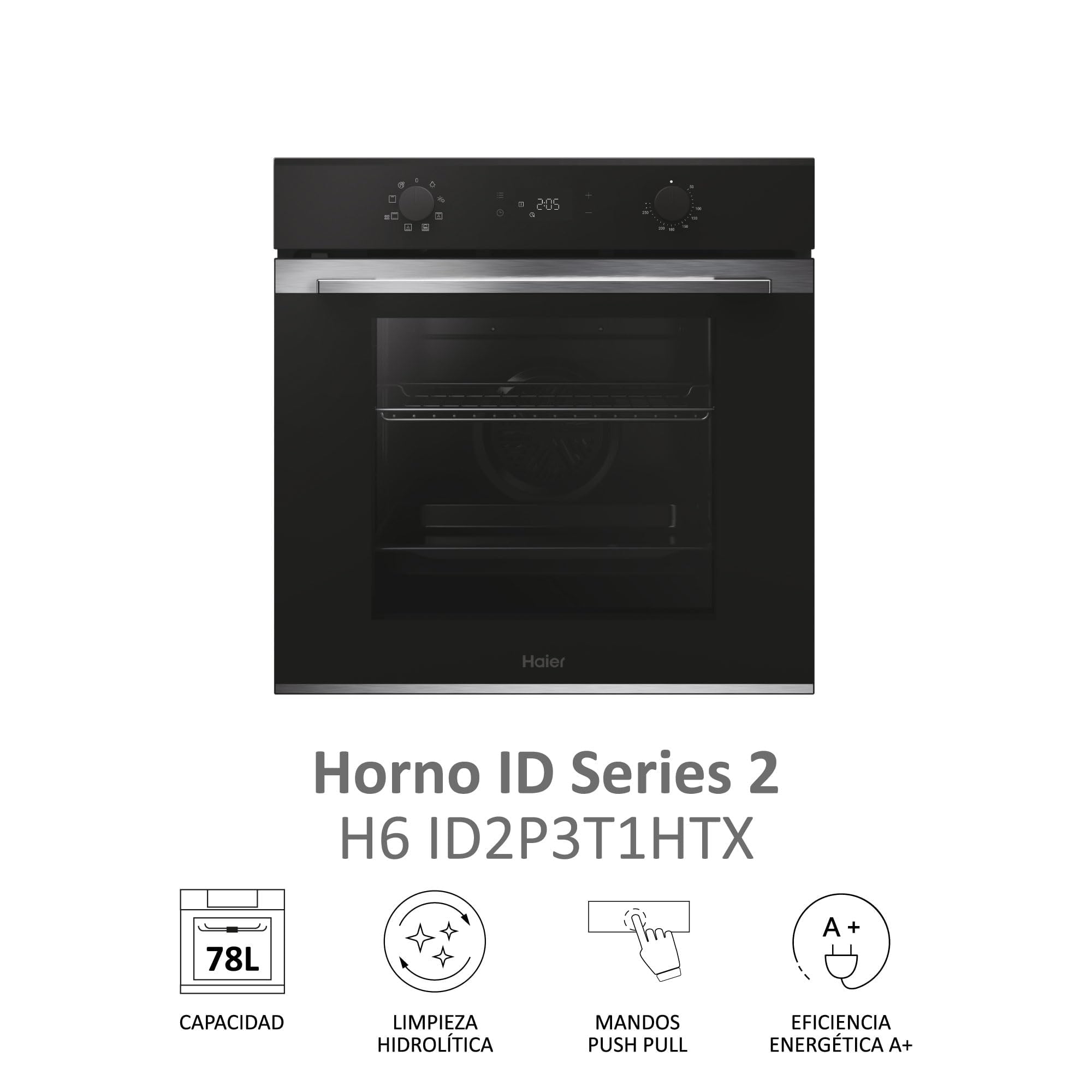 Haier H6 ID2P3T1HTX Horno Hidrolítico 78L, 9 Funciones, Display Táctil, Negro/Inox