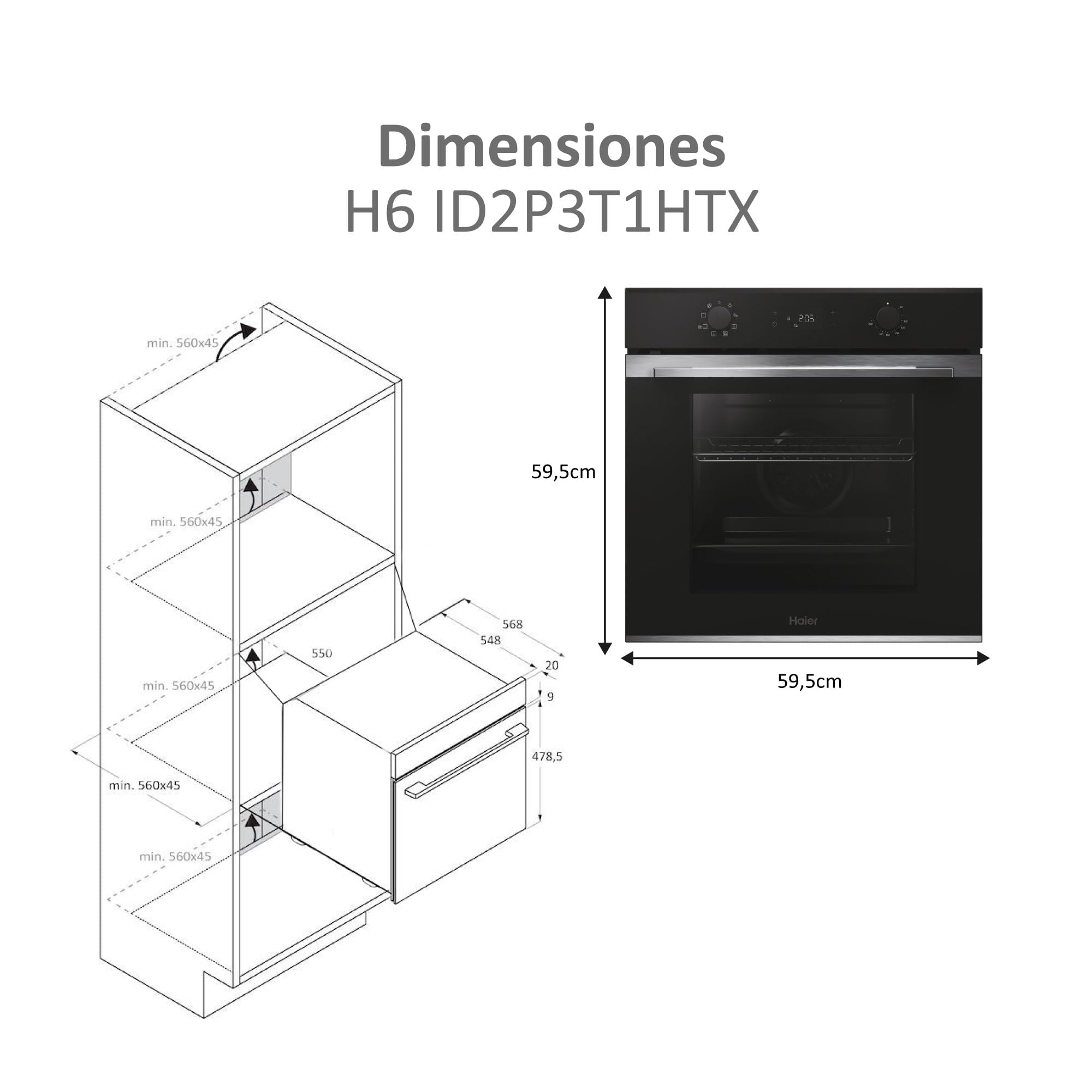 Haier H6 ID2P3T1HTX Horno Hidrolítico 78L, 9 Funciones, Display Táctil, Negro/Inox