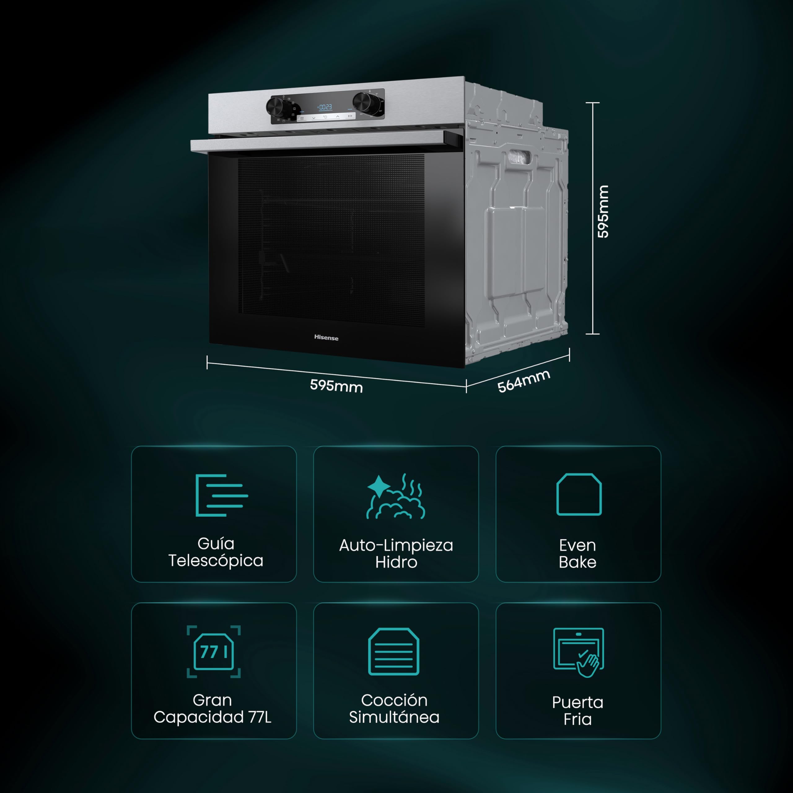 Hisense BI62216AXE2 Horno Hidrolítico 77L, 5 Cocción Simultánea, Guía Telescópica, Inox