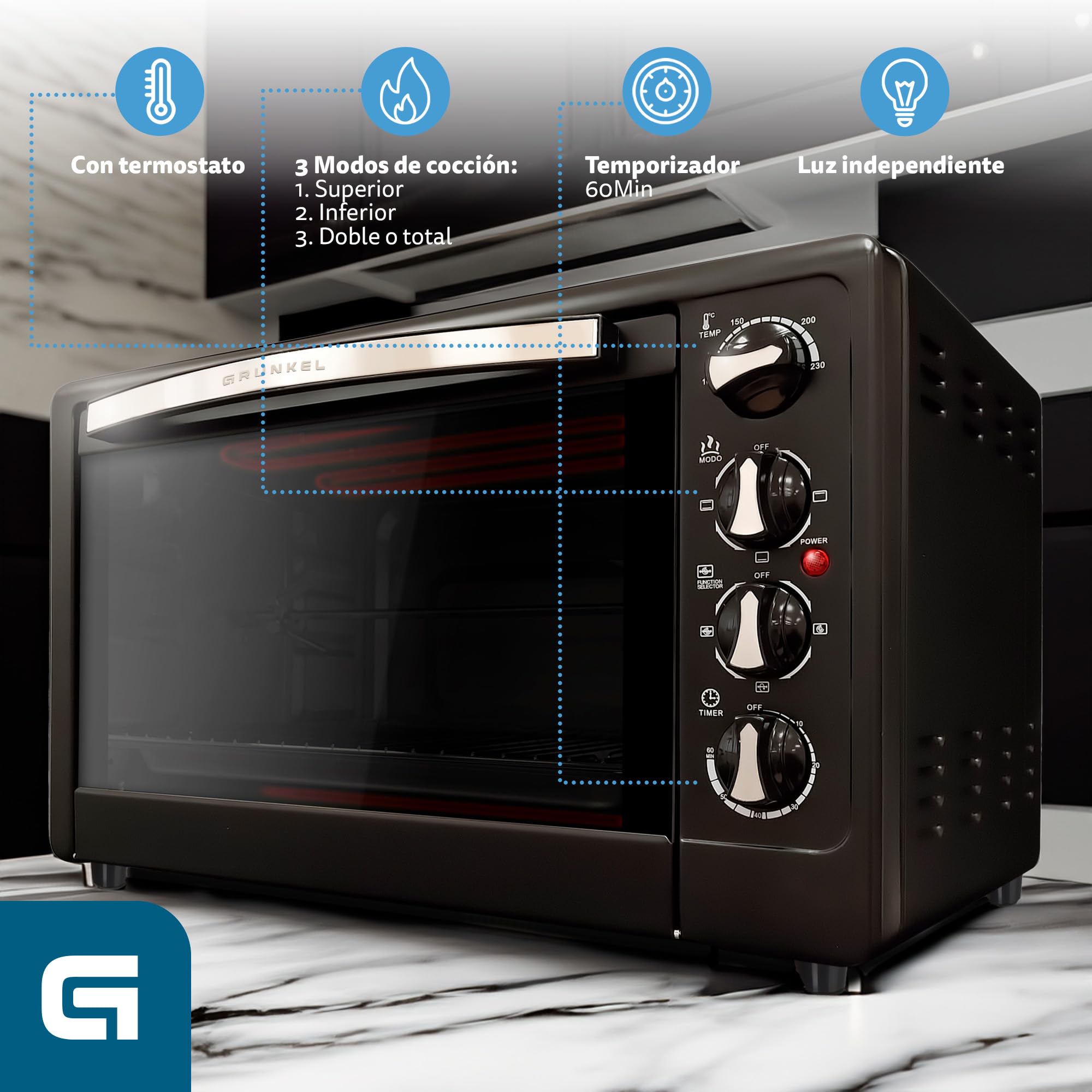 Grunkel HR-48RMRUSTI Horno Sobremesa 48L, Rustidor, 3 Modos Calor, 230ºC, Negro