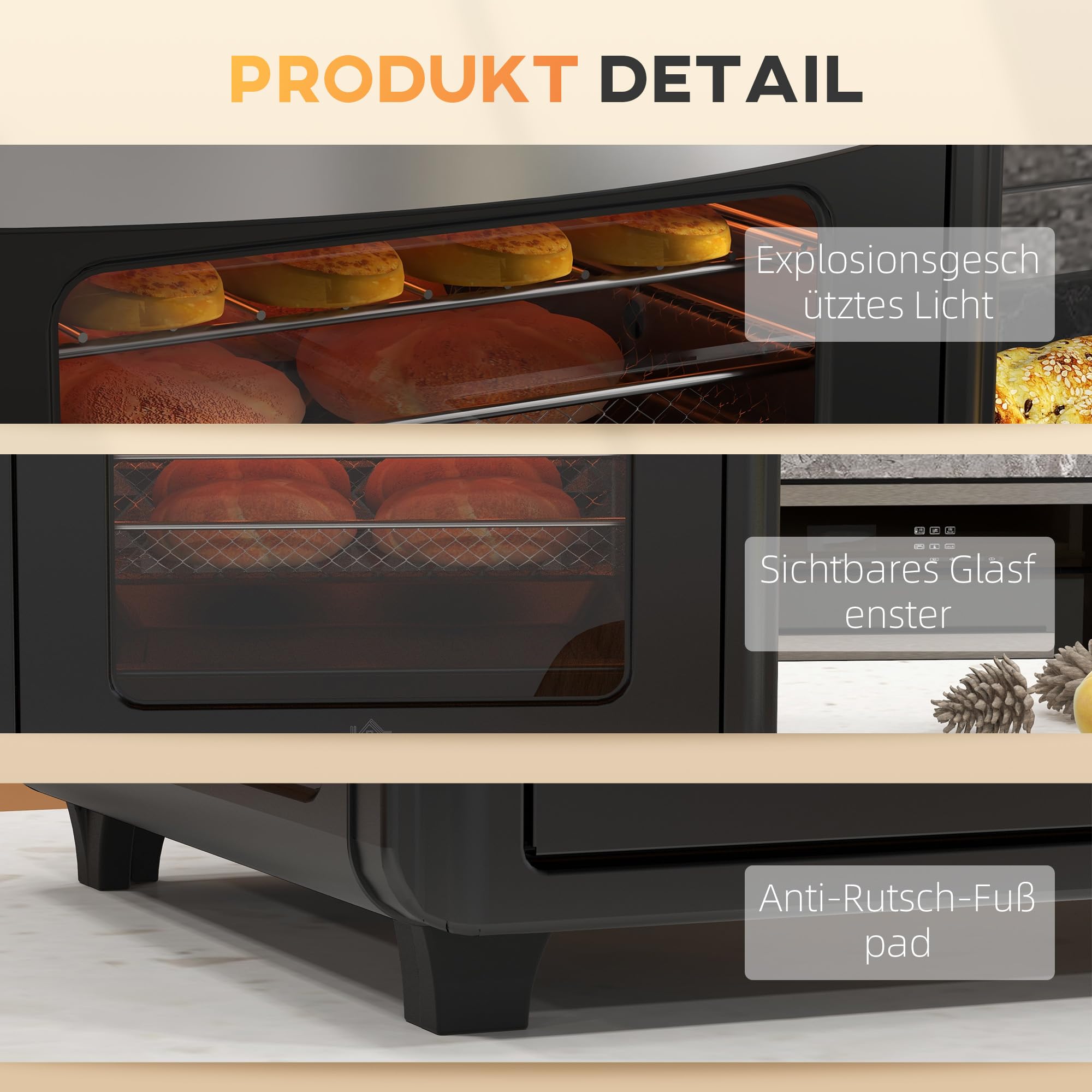 HOMCOM Horno Sobremesa 30L, 1600W, Freidora de Aire, 7 Modos, Temporizador, Negro