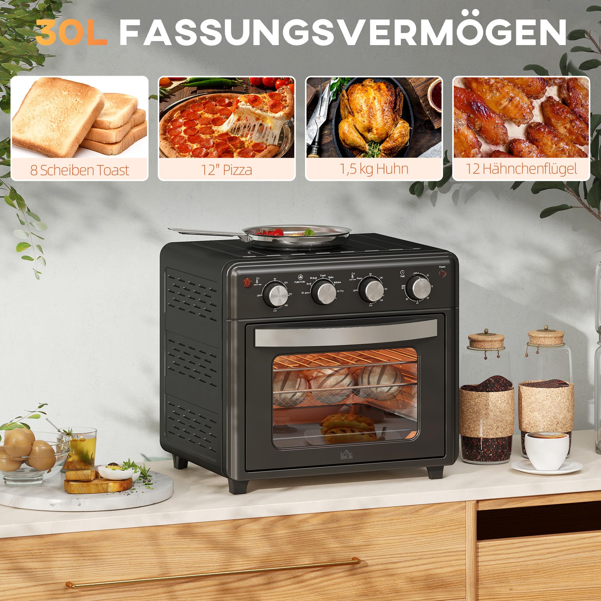 HOMCOM Horno Sobremesa 30L, 1600W, Freidora de Aire, 7 Modos, Temporizador, Negro