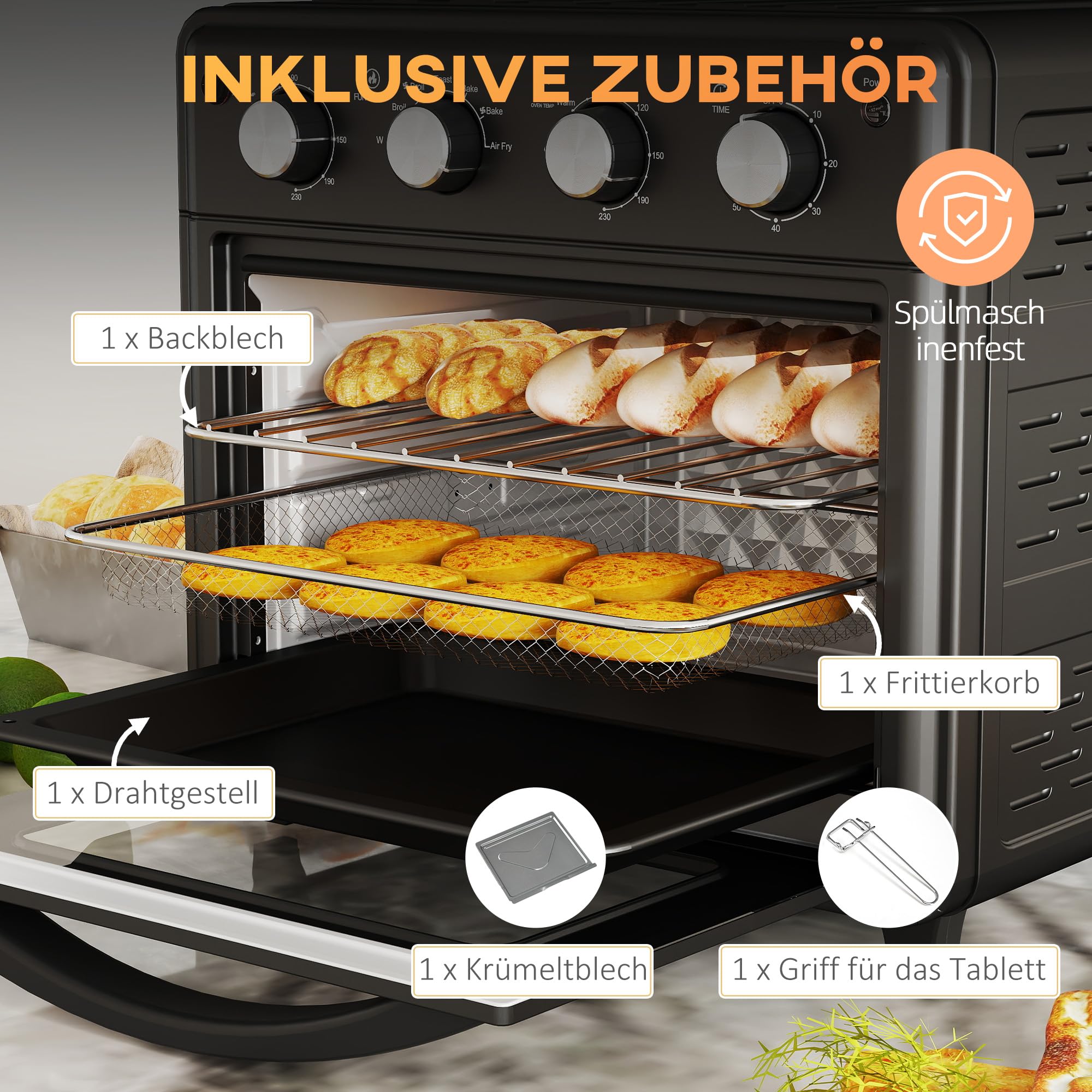 HOMCOM Horno Sobremesa 30L, 1600W, Freidora de Aire, 7 Modos, Temporizador, Negro